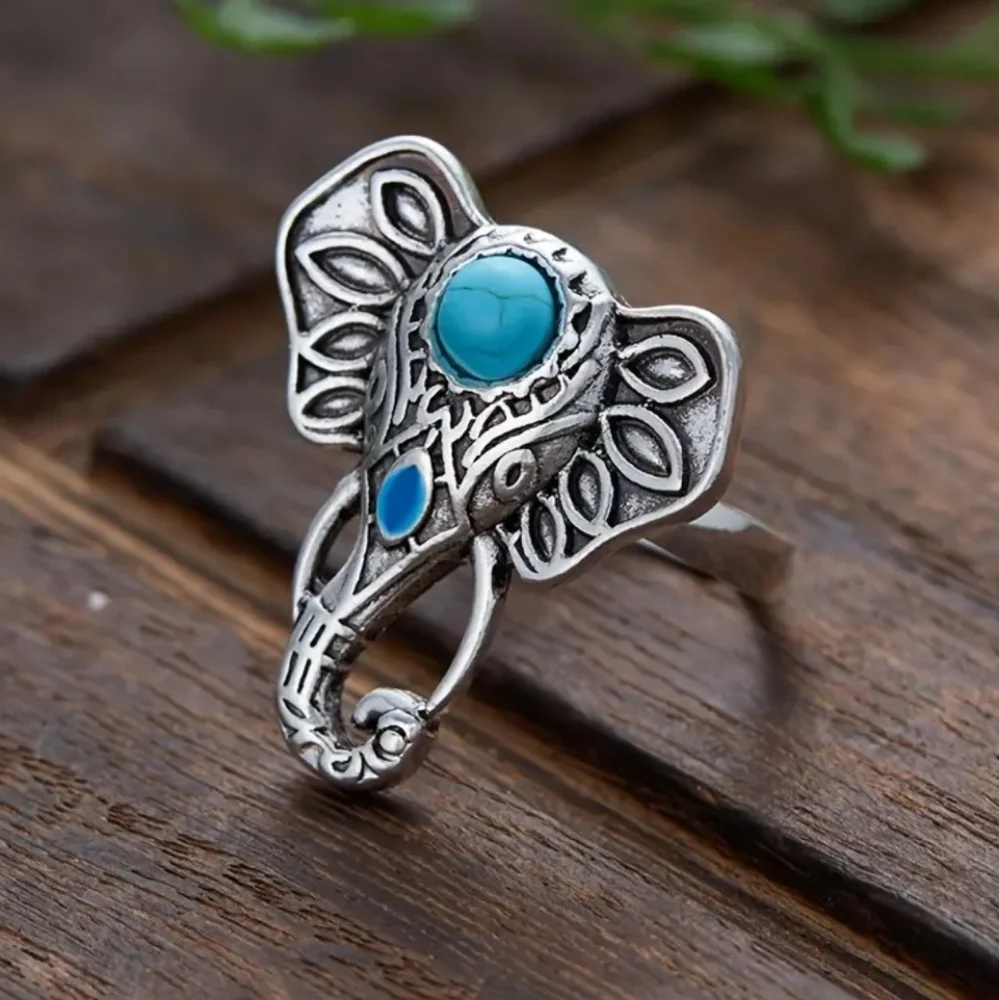 Bohemian Elephant Ring with Turquoise Accent Silver‎ Plated Adjustable Open Band